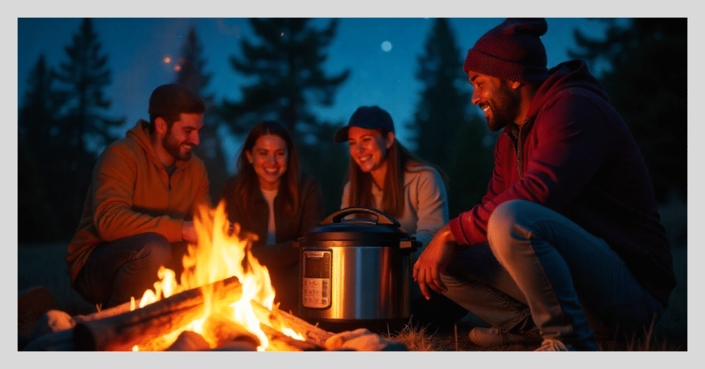 Three individuals sit by a campfire, with a pot nearby, showcasing the ease of cooking outdoors with an Instant Pot.