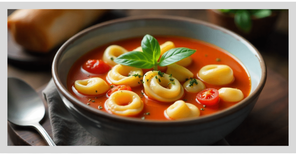 A bowl filled with pasta and tomato soup, served with a piece of bread, representing a hearty and inviting dish.
