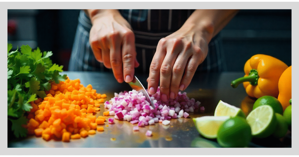 A person chopping onions and bell peppers on a wooden cutting board, preparing ingredients for a soup recipe.