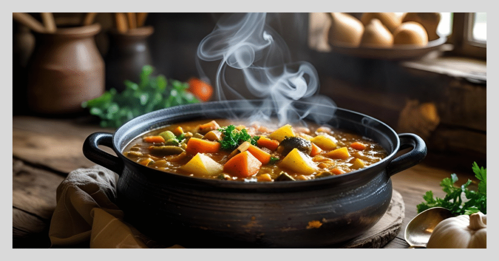 A steaming pot of vegetable stew, rich in spices, topped with grated cheese or avocado for added creaminess.