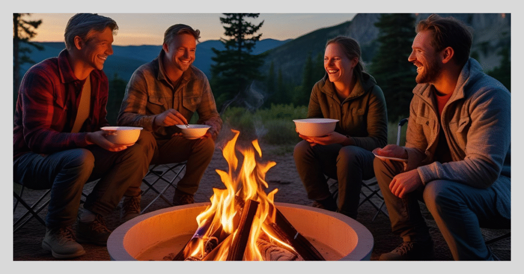 Four people share bowls of tortellini soup around a campfire, enjoying laughter and stories under a starry sky.