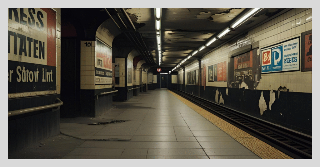 A long, empty hallway in a New York subway station, showcasing remnants of the system's historical past.