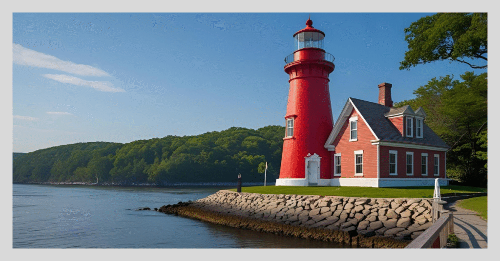 A red lighthouse stands on the shore of the Hudson River, providing a picturesque view for solo travelers.