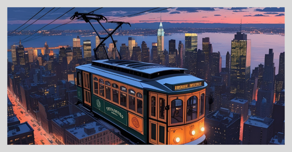 A painting of a trolley car navigating through a bustling city street, capturing the essence of urban life.