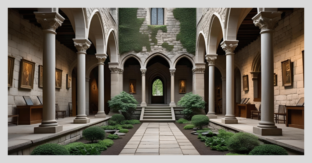 A tranquil courtyard featuring pillars and lush plants, located in Fort Tryon Park's Cloisters Museum.