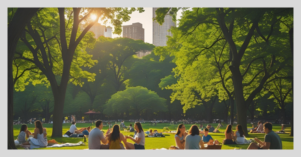 People relaxing on the grass in Central Park, enjoying a sunny day amidst the greenery and urban scenery.