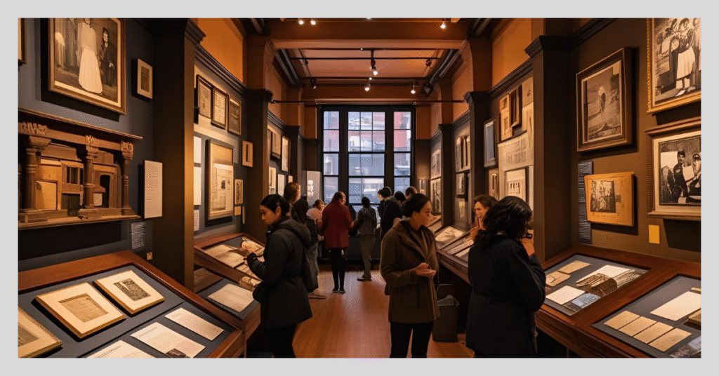 Visitors examine old photographs at the Tenement Museum, exploring the lives of New York City's past residents.