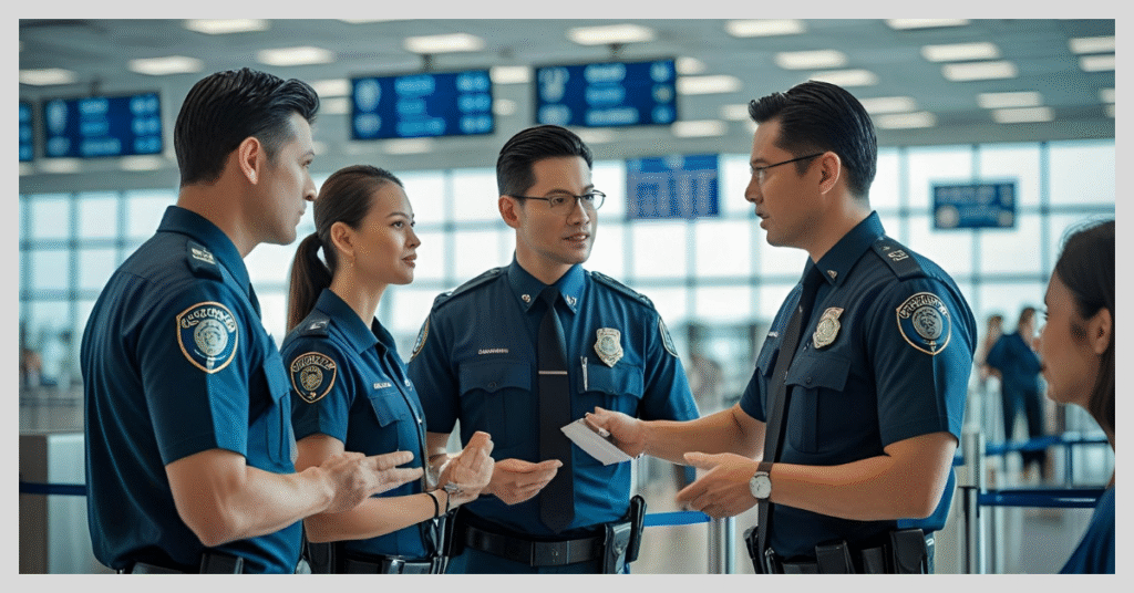 Three police officers converse in an airport, highlighting evolving security measures for travel services in a global context.