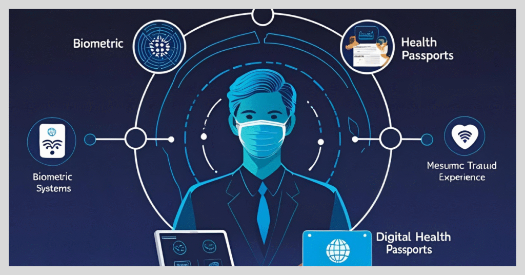 A man wearing a face mask holds a laptop, symbolizing the integration of technology in modern travel safety measures.