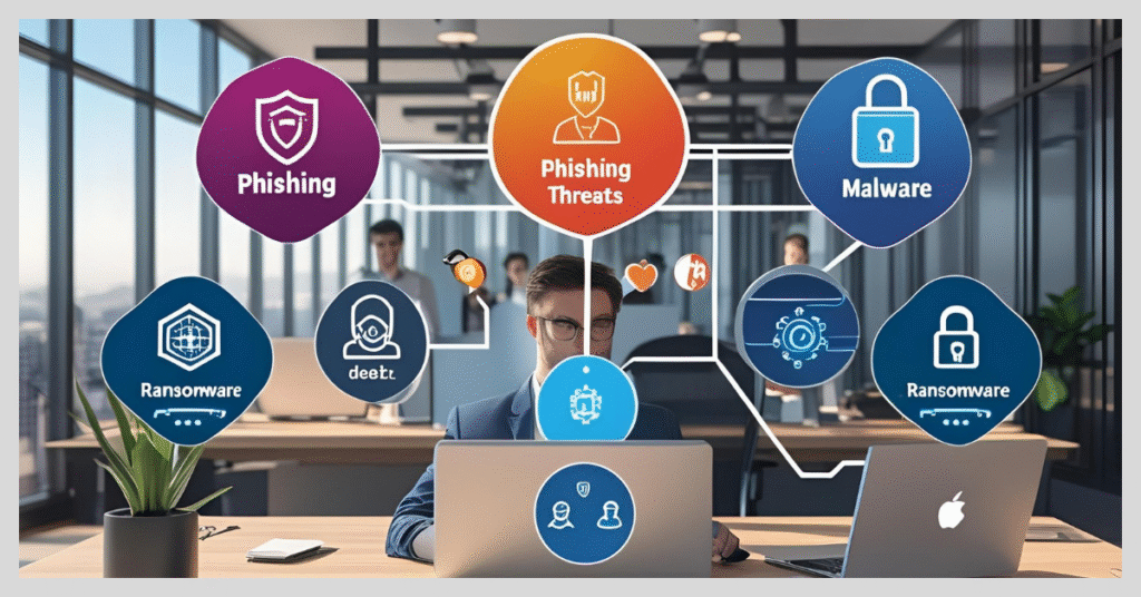A man at a desk with a laptop displaying icons related to common security threats