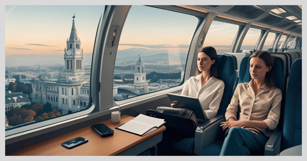 Two women sitting on a train, gazing out the window, enjoying the passing scenery together.