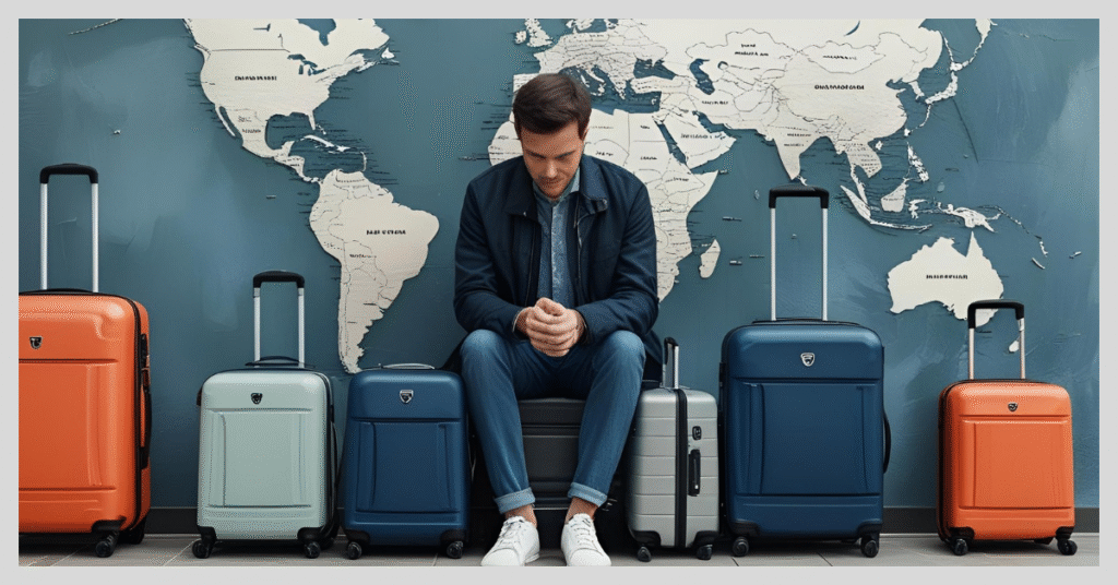Man sitting on a suitcase with a world map behind him, symbolizing travel safety and preparedness for travelers.