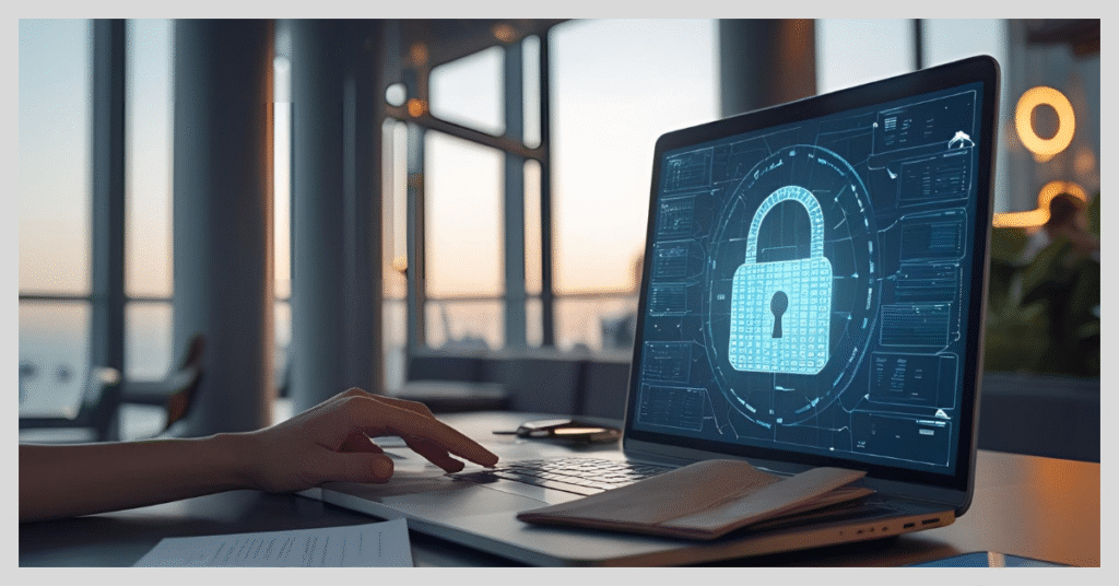 A person using a laptop with a padlock on the screen, symbolizing cybersecurity for travelers' digital safety.