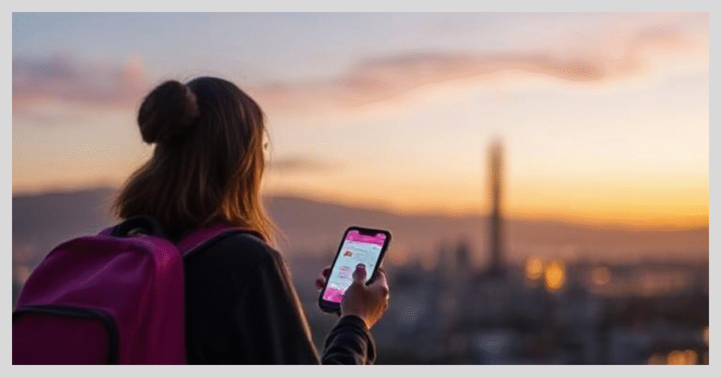 A woman with a backpack checks her phone against a vibrant sunset, symbolizing connectivity during her travels.
