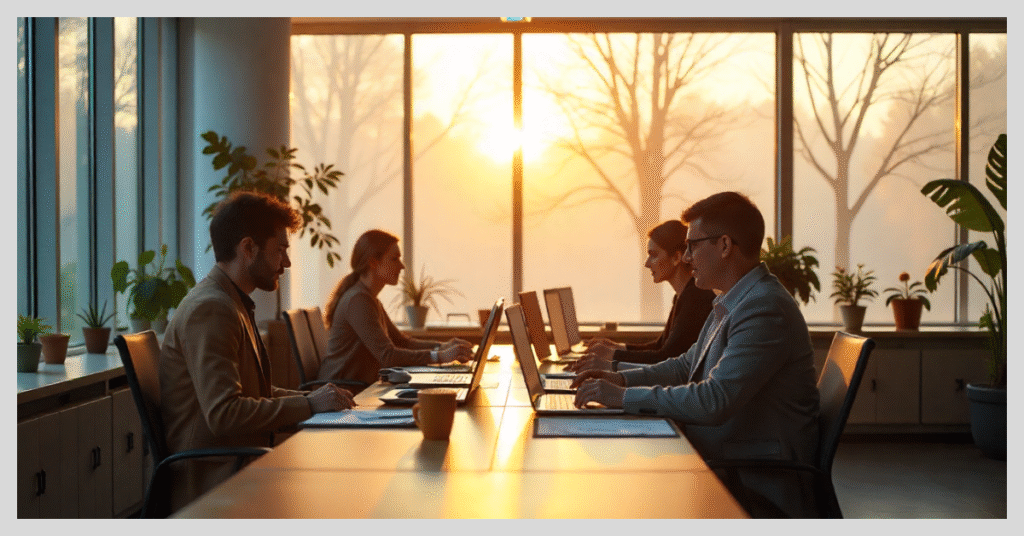 People seated at a table by a window, with a sunset backdrop, conveying a relaxed atmosphere and farewell sentiment.