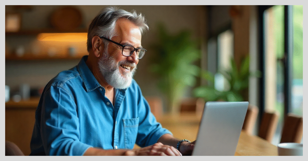 A bearded man with glasses sits at a table, working on a laptop, focused on finding cheap flights to New Zealand