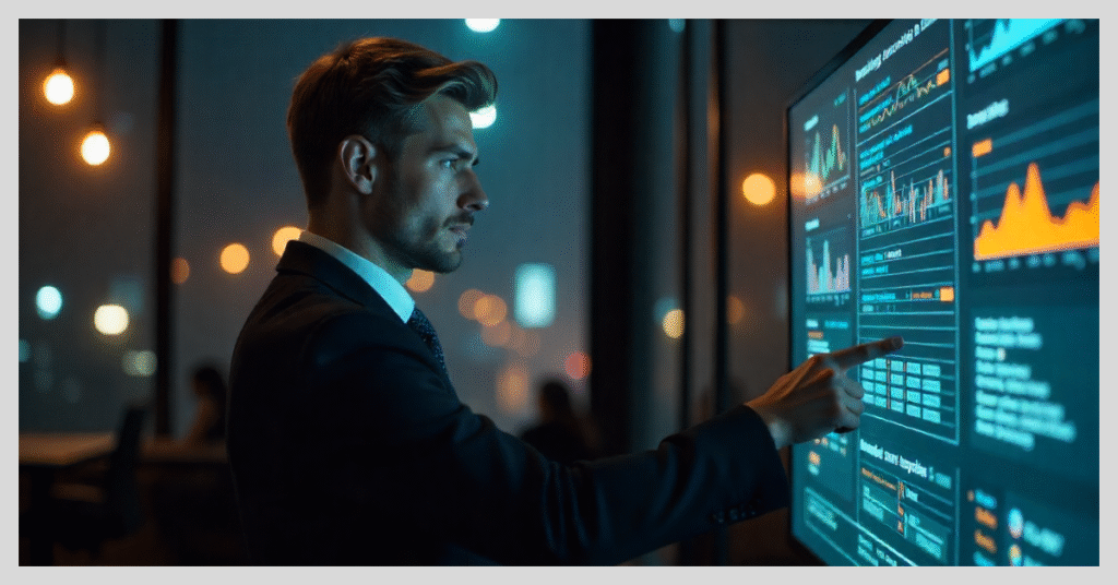 A man in a suit points at a screen displaying data on season tapping, fare tools, and booking hacks.