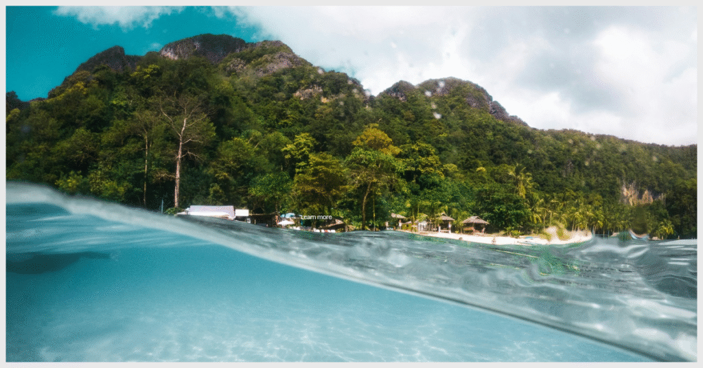 Underwater view of the ocean, showcasing vibrant marine life and sunlight filtering through the water at Gili Island.