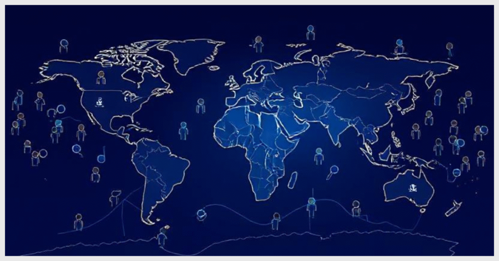 A world map created from diverse groups of people, symbolizing unity and connection, set against a backdrop of Gili Island