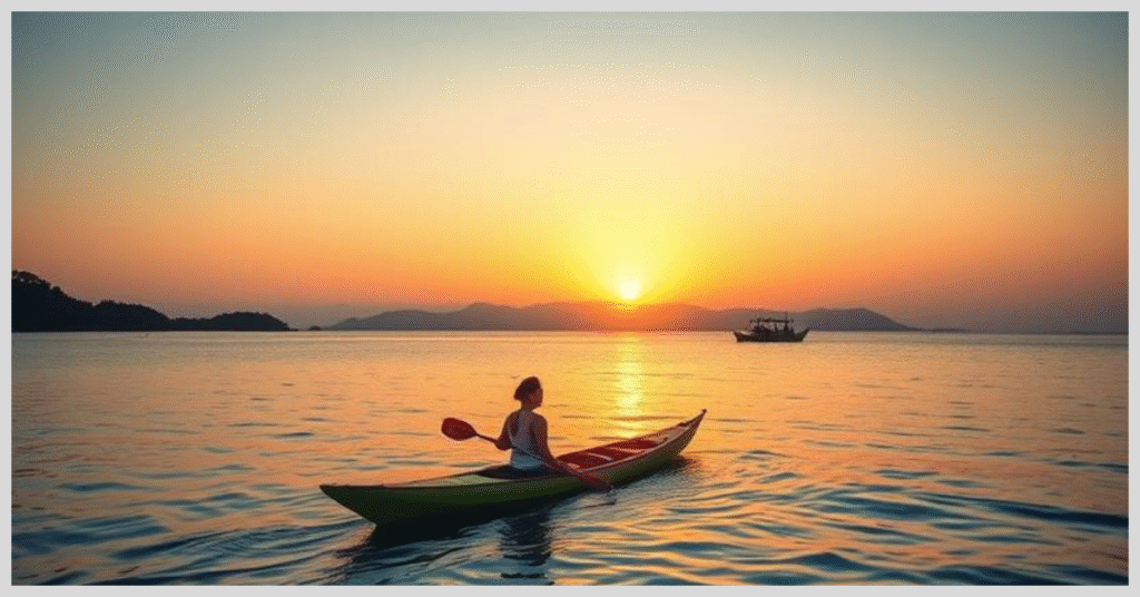 A woman paddles a kayak at sunset, with the serene waters of Gili Island reflecting vibrant colors.